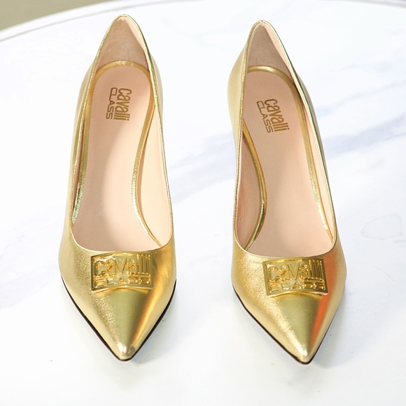 Cavalli Class Gold Metallic Leather Heels - Picture 2 of 6